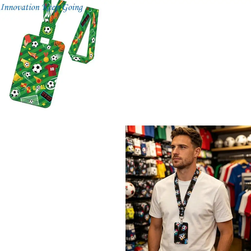 E65C Sports Theme Card Holder With Polyester Lanyard And Retractable Badge Holder For Football Fan Adult Travel Daily Use