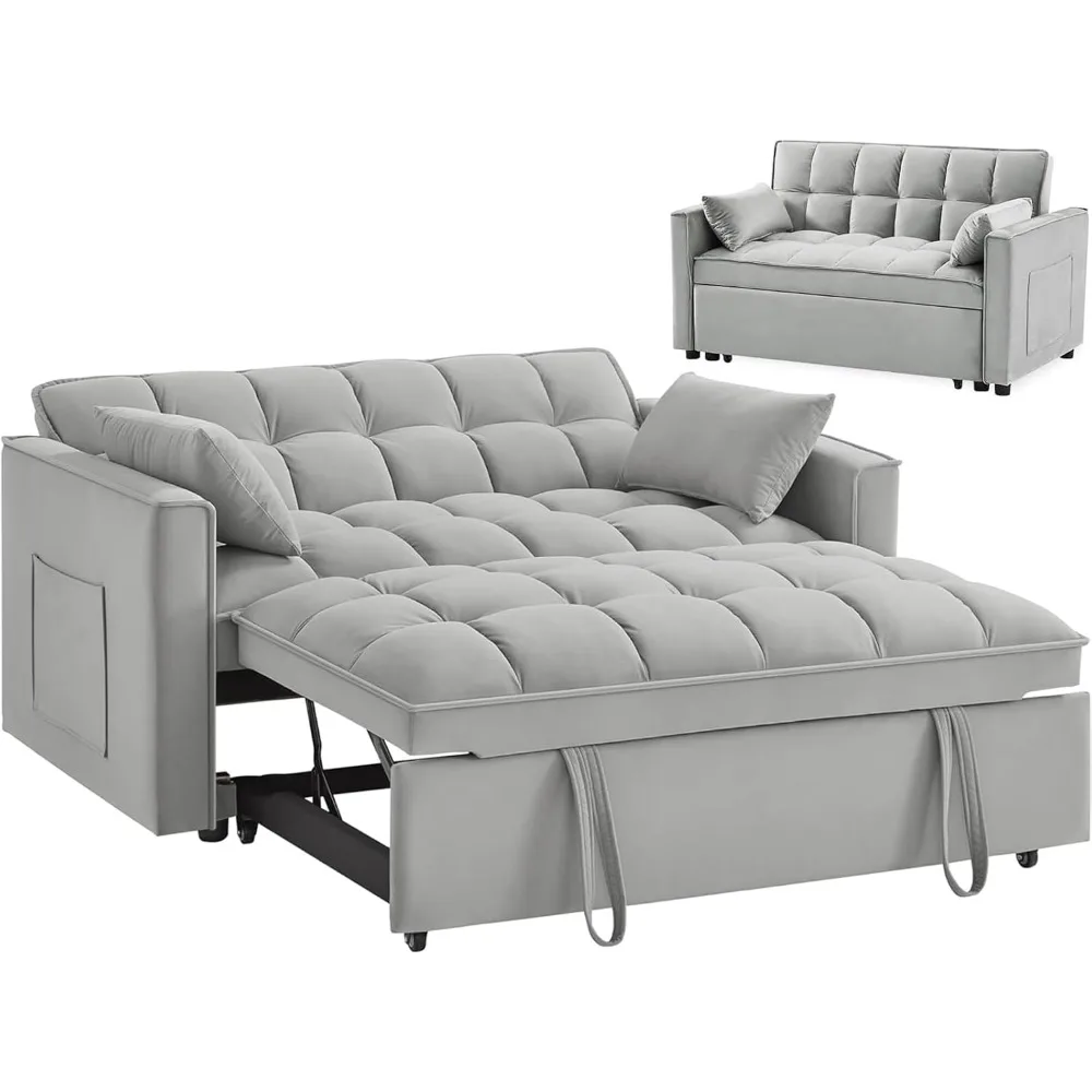 3 in 1 Sleeper Sofa Couch Bed, Velvet Convertible Sofa Bed with Armrests, Storage Pockets & 2 Pillows, Modern Sofa Bed Couch