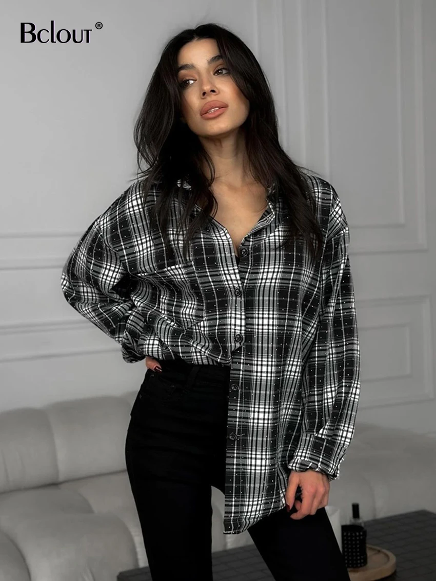 Bclout Fashion Gray Plaid Shirts Blouses Women Casual Drilling Long Sleeve Loose Blouses Vintage Pockets Single Breasted Shirts