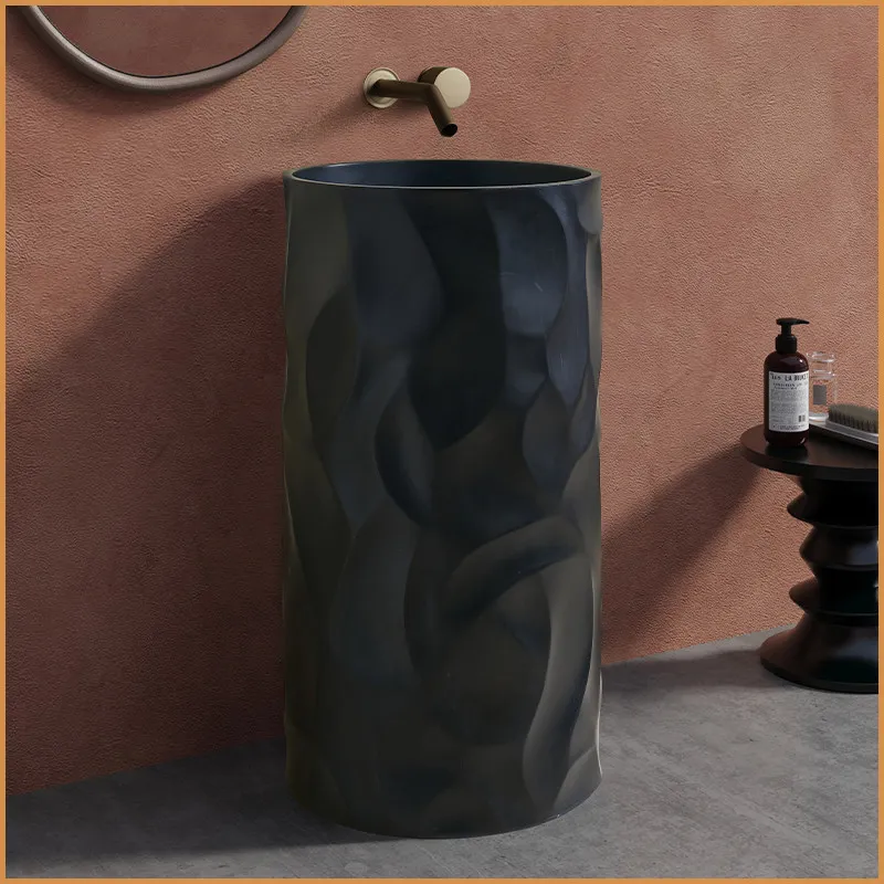 Modern simple black artificial stone column basin wash basin hotel clubhouse large capacity high value bathroom washbasin