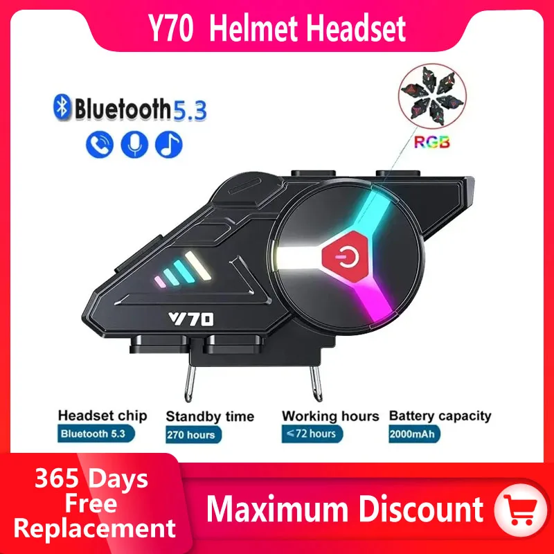 Y70 V5.3 RGB Colorful Lights Motorcycle Bluetooth Helmet Headset Earphone IPX6 Waterproof Support Connecting 2 Phones Same Time