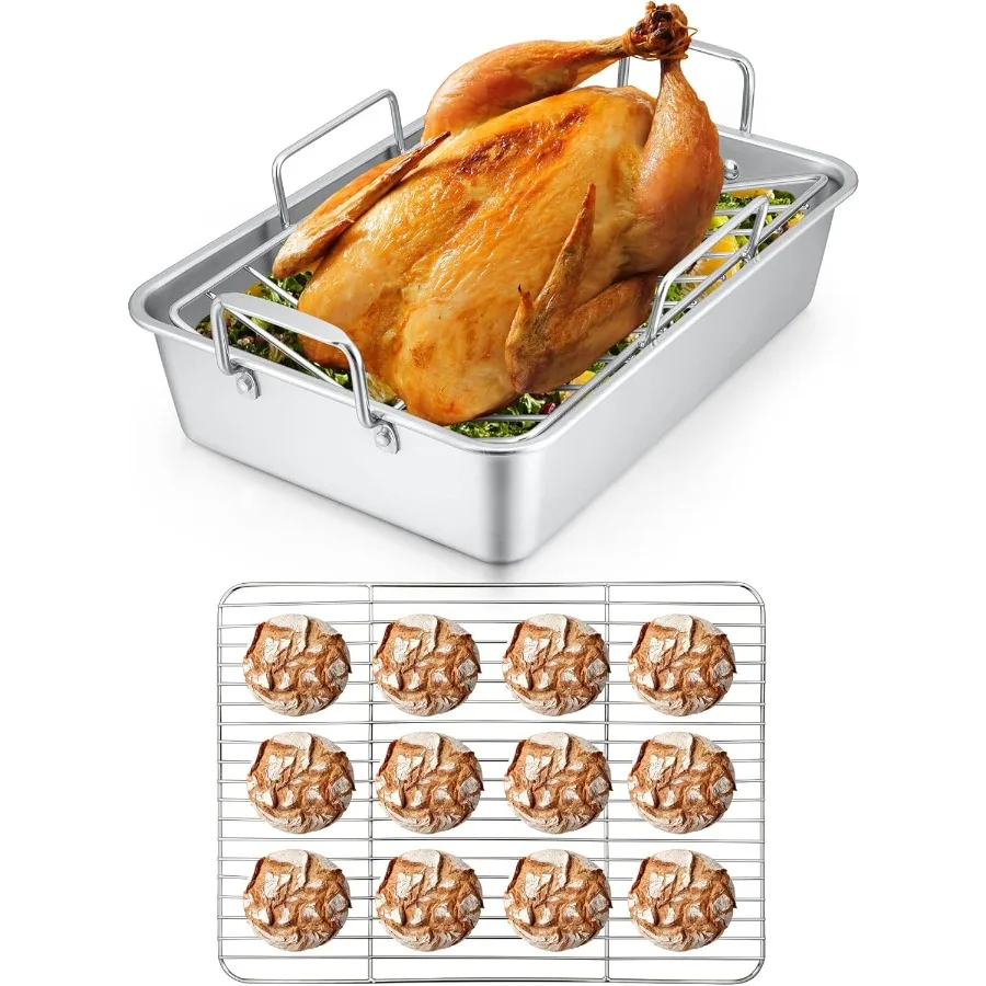 

Roasting Pan wit Flat Rack and V-saped Rack t 16 x 11.5 Inc Stainl Steel Turkey Roaster Pan for Tanksgiving Cristmas Diswaser S