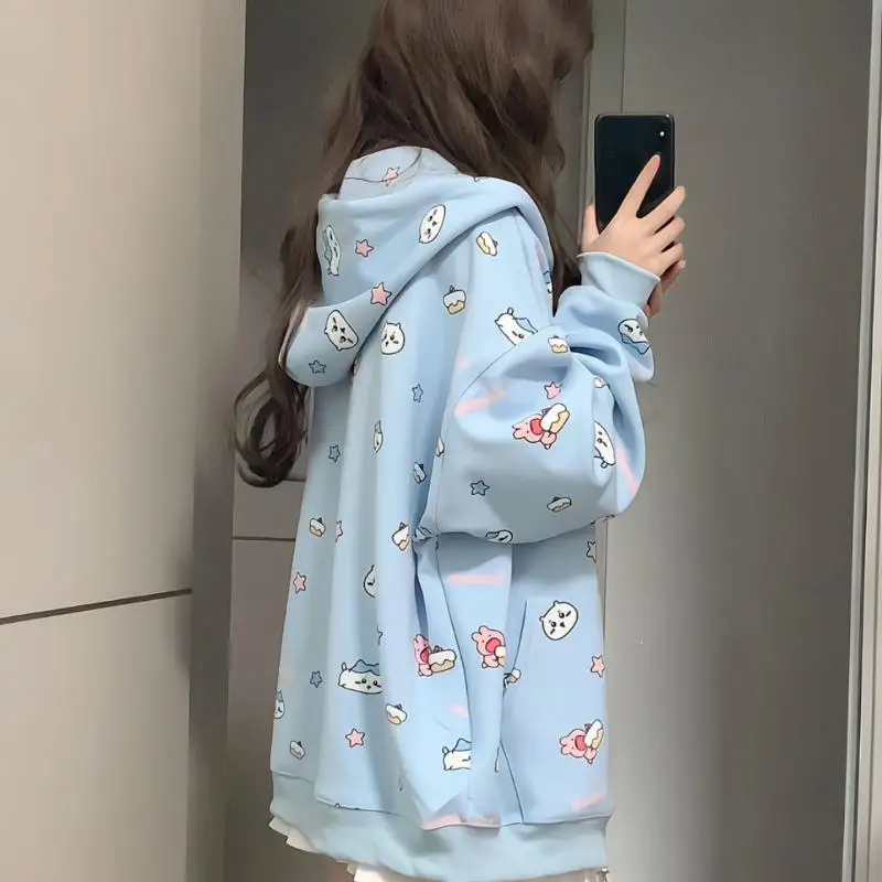 Sudadera con capucha con estampado de dibujos animados de Anime japonés para estudiantes, cárdigan versátil suelto, chaqueta con cremallera, Tops de manga larga, Chiikawass Hachiwares