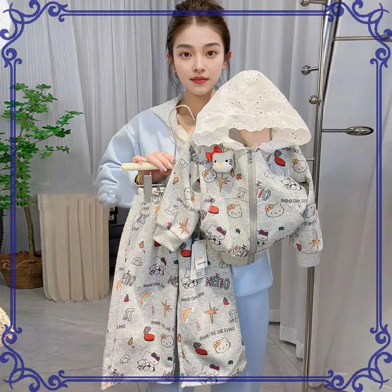 

Sanrio Hello Kitty Loungewear Set Girl Kawaii Fashion Student Thicken Keep Warm Autumn and Winter Child Clothing Lace Hooded Top