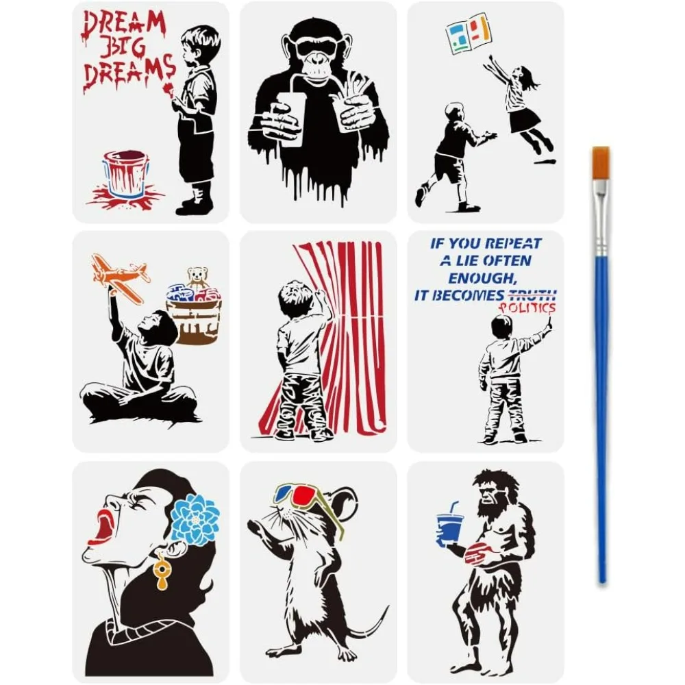 9 Pcs Banksy Painting Stencil with Brush 8.3x11.7inch Sunglas Dreams Screaming Woman Pattern DIY Stencil