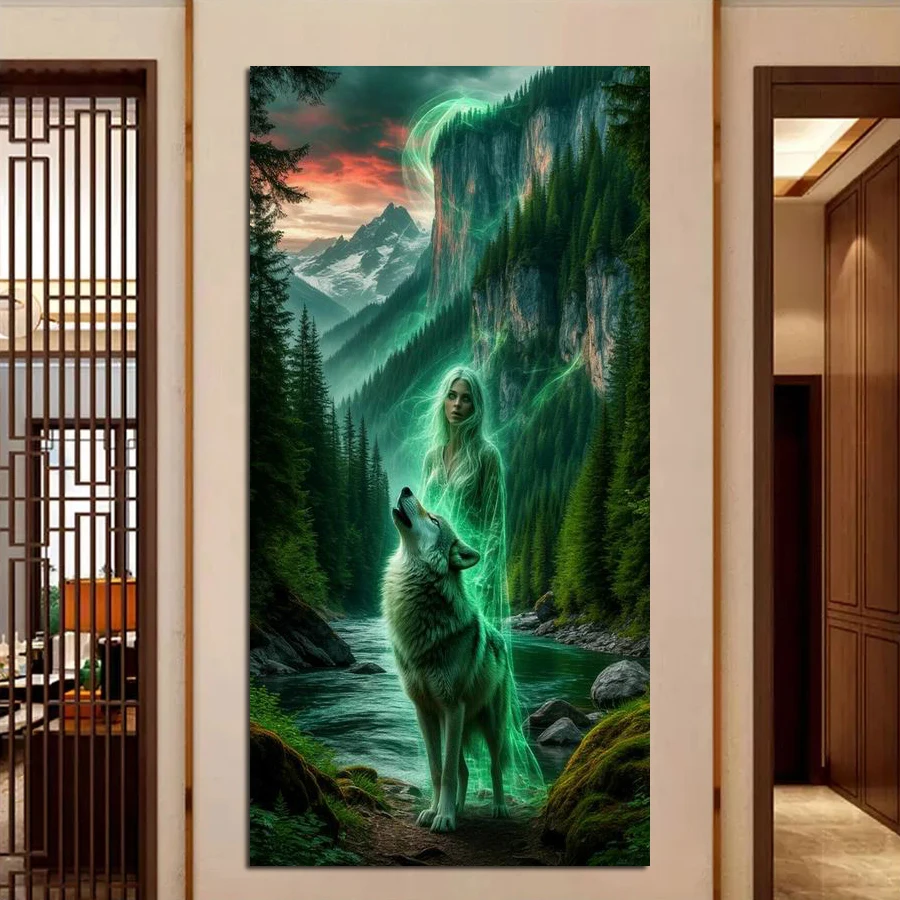 

Fullcang Canyon Woman and Wolf Large Size Diy Diamond Arts Painting Animals Full Drill Mosaic Embroidery Picture Wall Decor