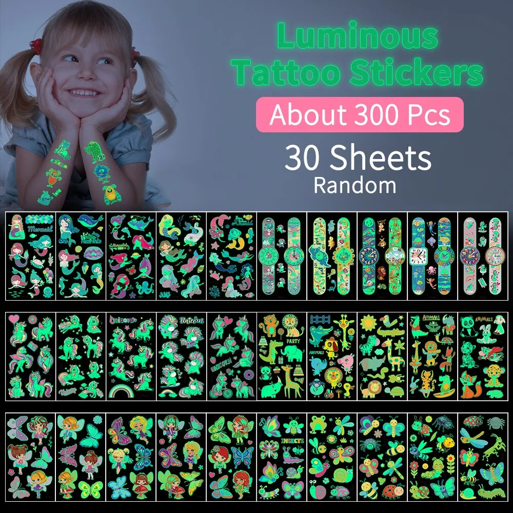 30pcs Children's Luminous Tattoo Stickers Kids Glow Body Paster Unicorn Butterfly Animal Dinosaur Mermaid Cartoon Stickers Gift