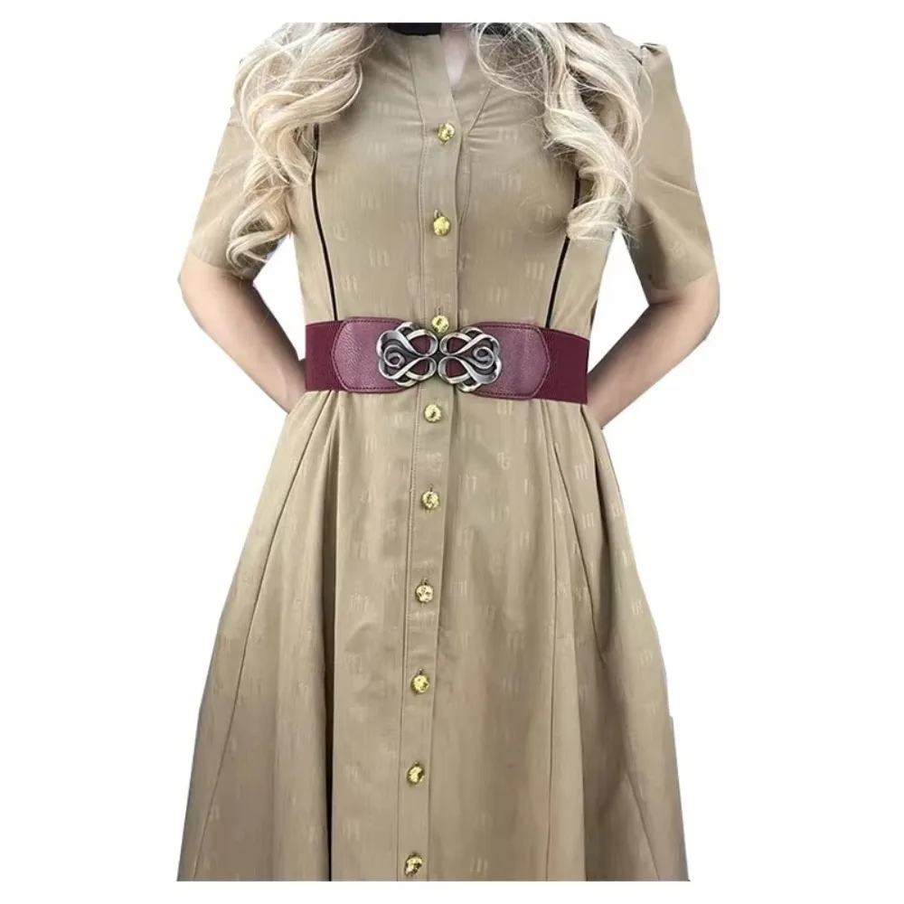 Vintage 60-80cm Women Leather Belt for Dress Brass Retro Buckle Elastic Overcoat Stretched Band Durable Lady Belt