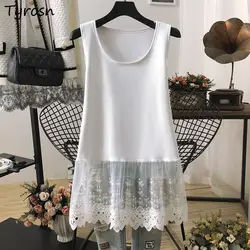 Solid Tanks Women Bow Pattern Hollow Out Lace Patchwork O-neck Simple All-match Summer Korean Style Loose Fashion Leisure Thin