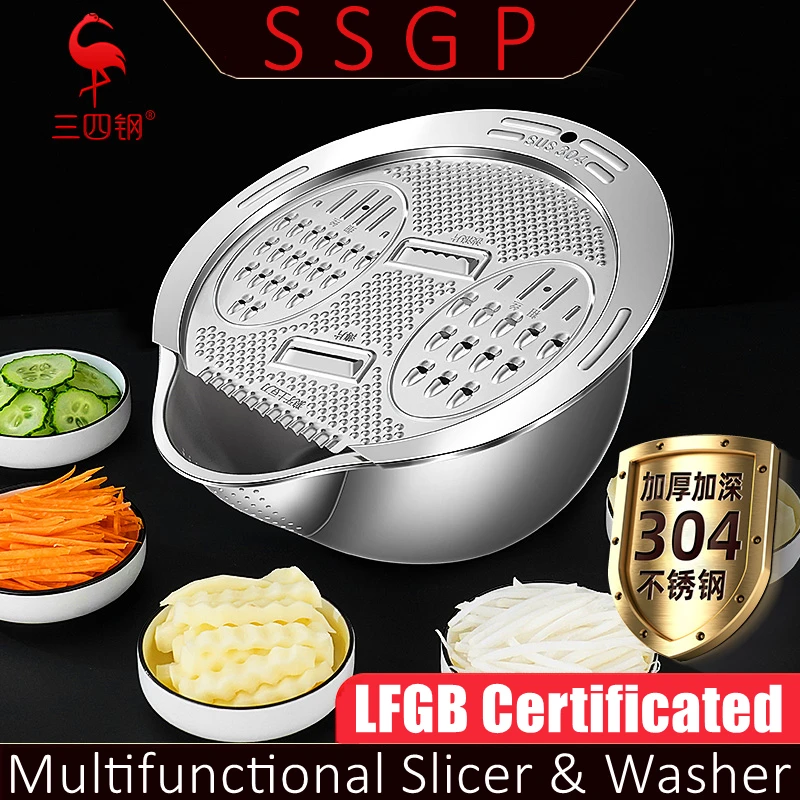 Multifunctional LFGB Certificated 316L Stainless Steel Rice Washer 304 Stainless Steel Fruit and Vegetable Slicer Cutter 2 in 1