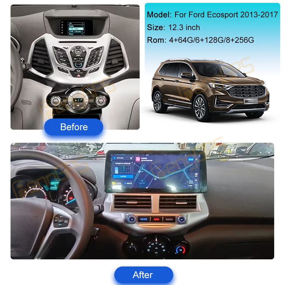 

12,3-дюймовый автомобильный радиоприемник CarPlay Android 13 для Ford Ecosport 2013-2017, мультимедийный плеер с сенсорным экраном, GPS-навигация, головное устройство DSP