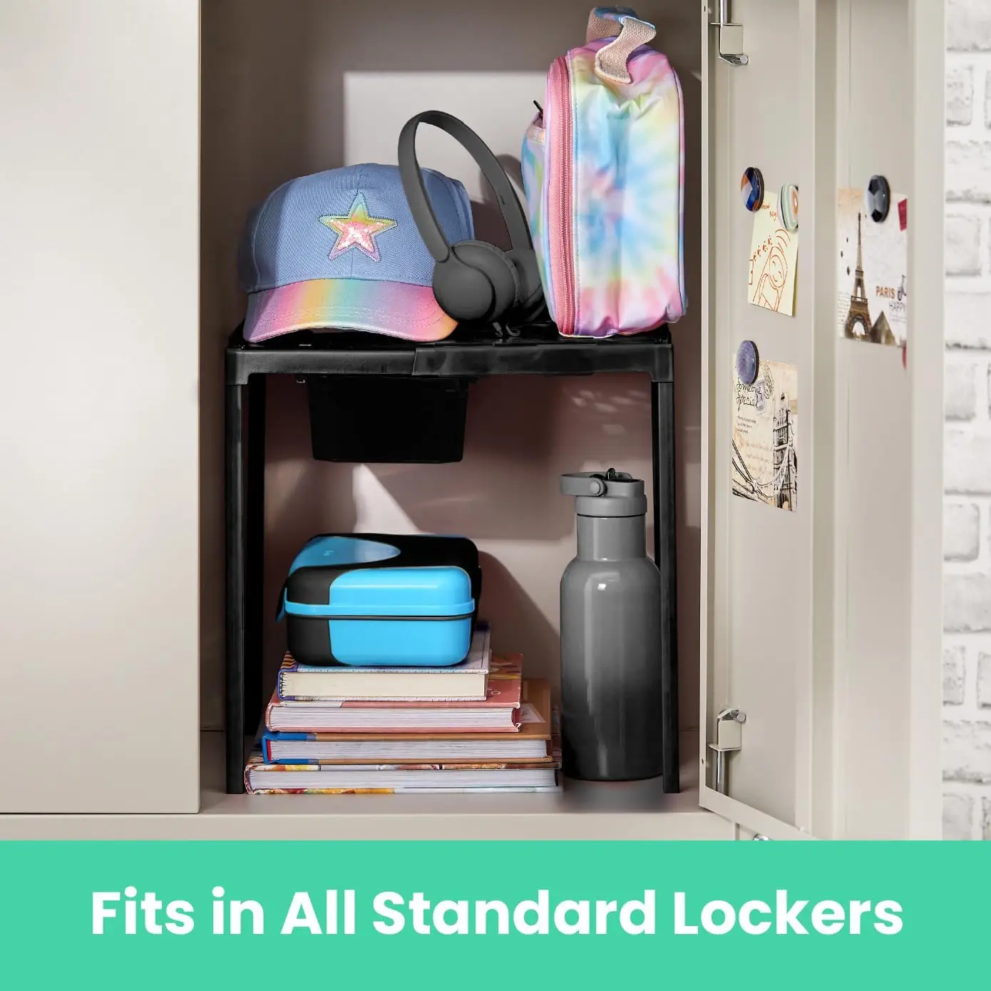 Adjustable Locker Shelf with Drawer, Extends to Fit Any Locker, Black Organizer for Easy Storage