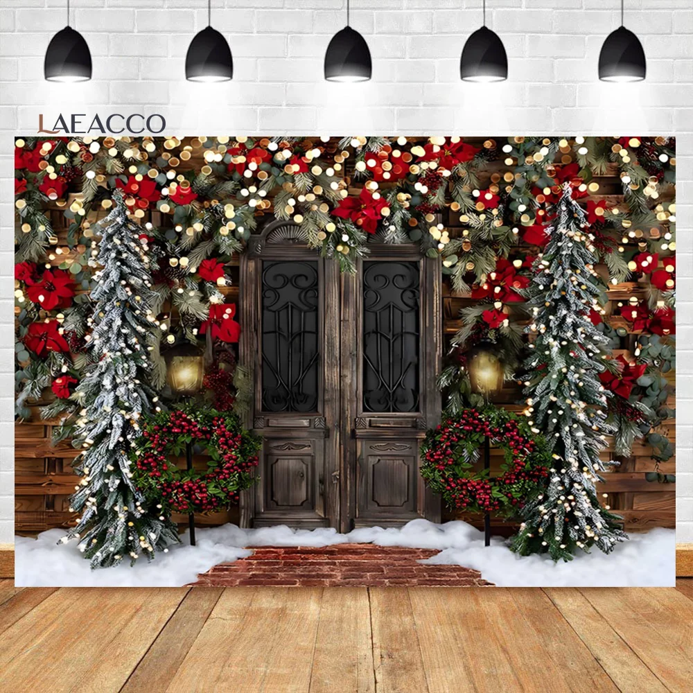 

Laeacco Winter Christmas Backdrop Rustic Barn Wood Door Dreamy Light Bokeh Red Gift Kids Adult Portrait Photography Background