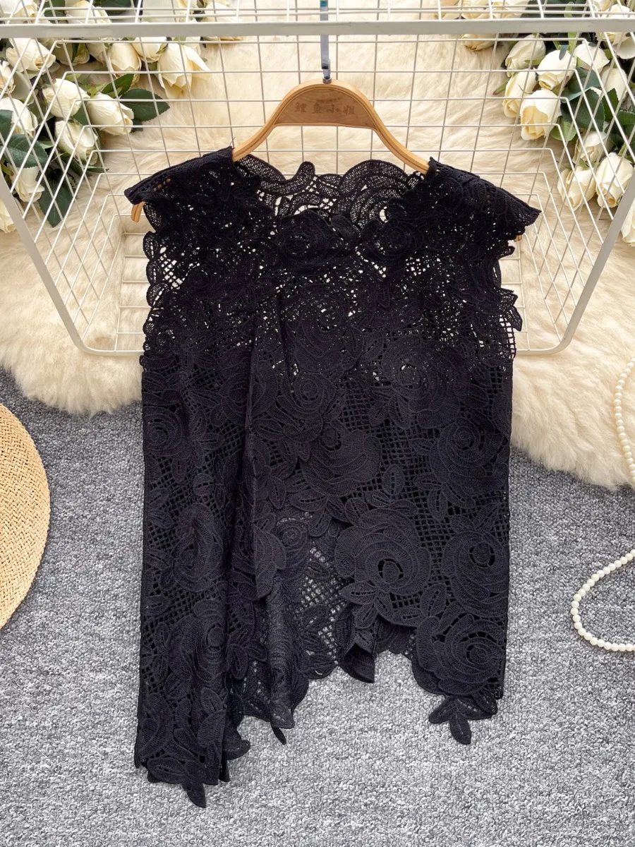 Foamlina Top da ragazza con ritaglio all'uncinetto in pizzo irregolare da donna 2025 Estate New Chic Versatile Capispalla unico Gilet senza maniche Camis