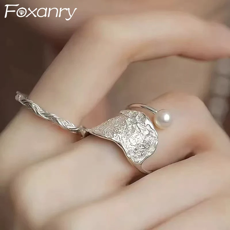 Foxanry Silver Color Texture Geometric Pearl Rings For Women Girls Sweet Personality Trendy Elegant Wedding Bride Jewelry Gifts