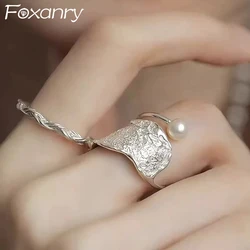Foxanry Silver Color Texture Geometric Pearl Rings For Women Girls Sweet Personality Trendy Elegant Wedding Bride Jewelry Gifts