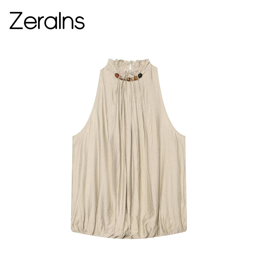 ZERAINS Summer women's sleeveless beaded layered decoration hanging neck collar top mid waist elastic waist lantern pants set