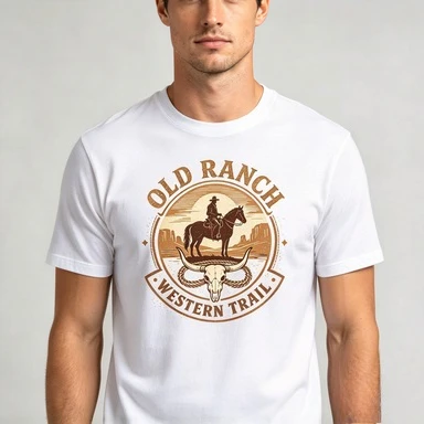 2026 Men Women Unisex Cotton Tee Retro Western Desert Cowboy Rider Longhorn Skull Circular Emblem Print Short Sleeve Tshirt For