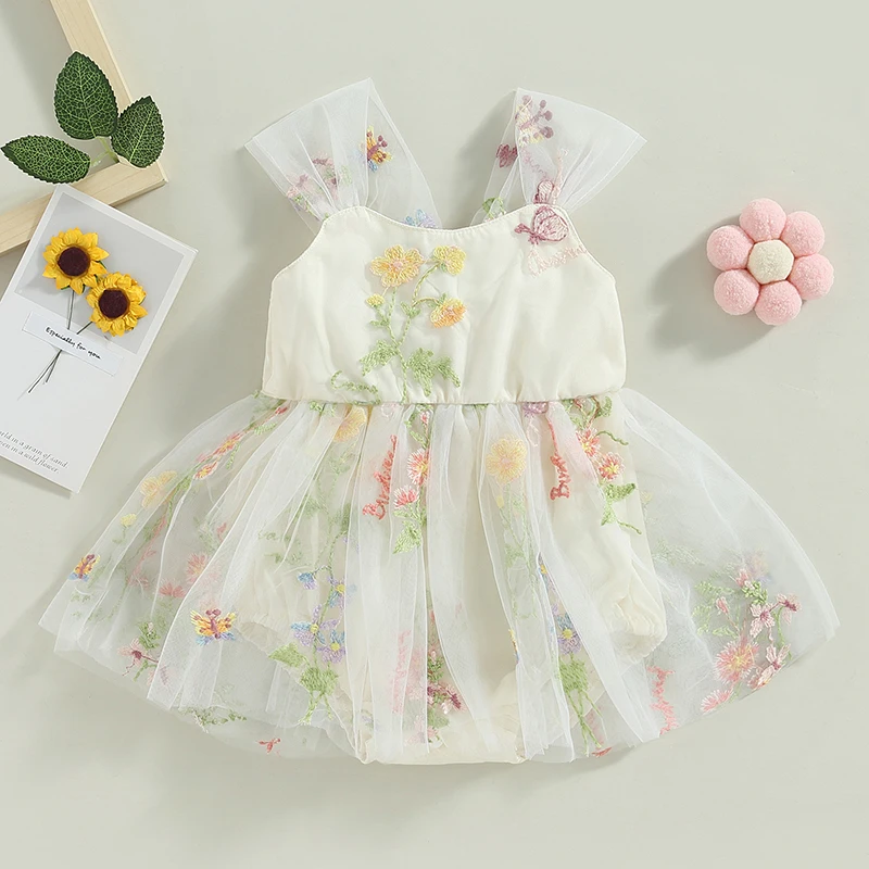 Baby Girl Lace Tulle Romper Dress Sleeveless Flower Embroidery Mesh Tutu Princess Bodysuits Dress Fluffy Brithday Photoshoot