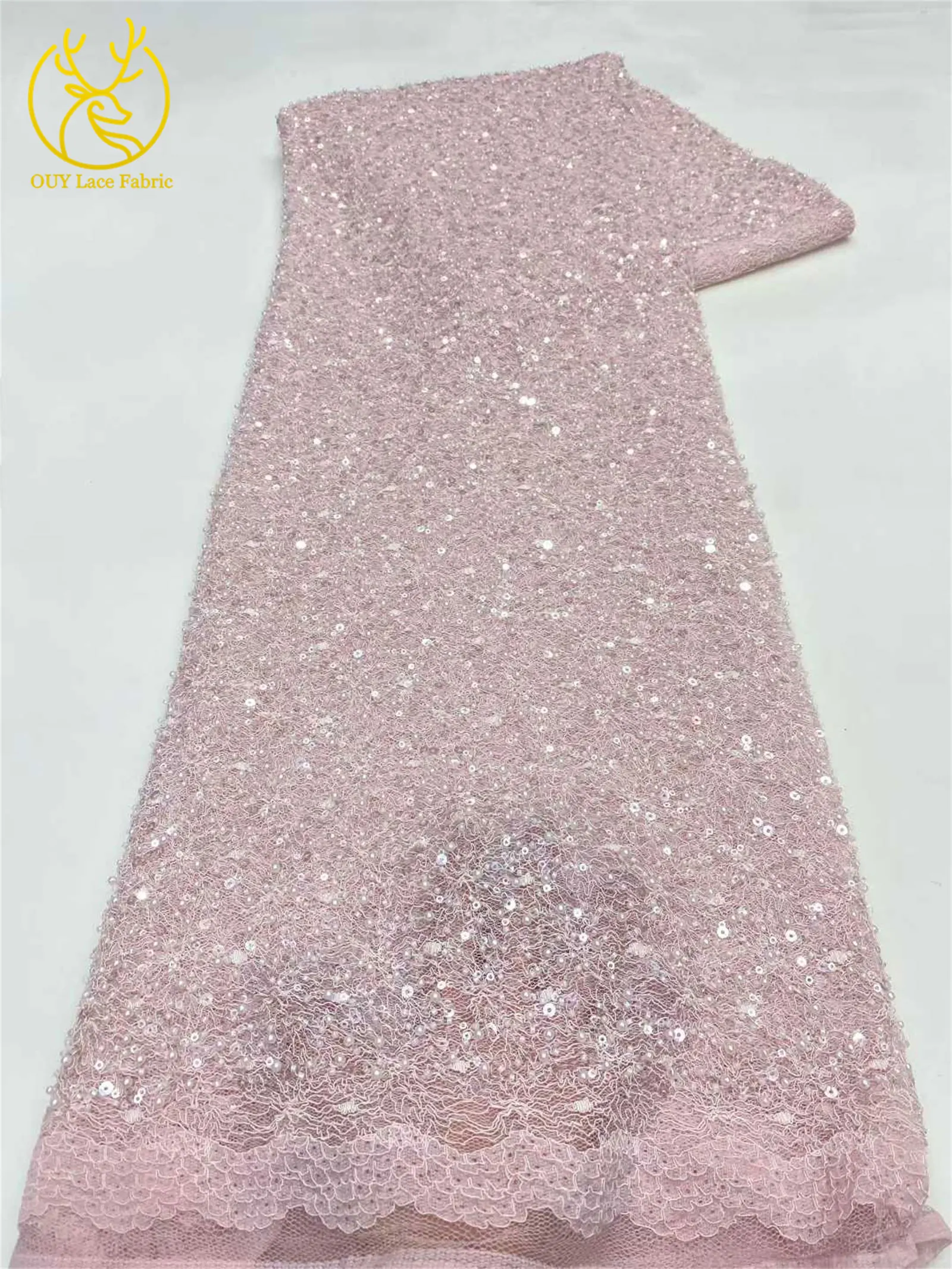 卸売 パープル エレガント アフリカ ビーズレース生地 2025 フランス製 スパンコール メッシュレース生地 レディース ディナードレス素材 裁縫用 5ヤード