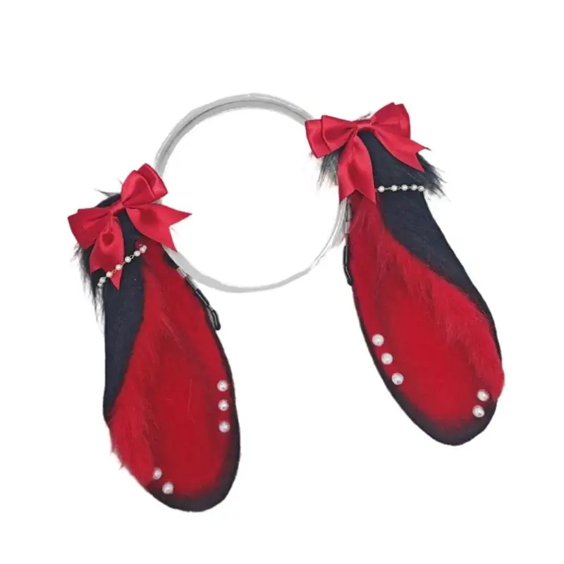 A52E Rabbit Cosplay Hair Accessory Long Ear Headband With Decorative Bowknot Pearls, Plush Texture, and Party Ready Portrait