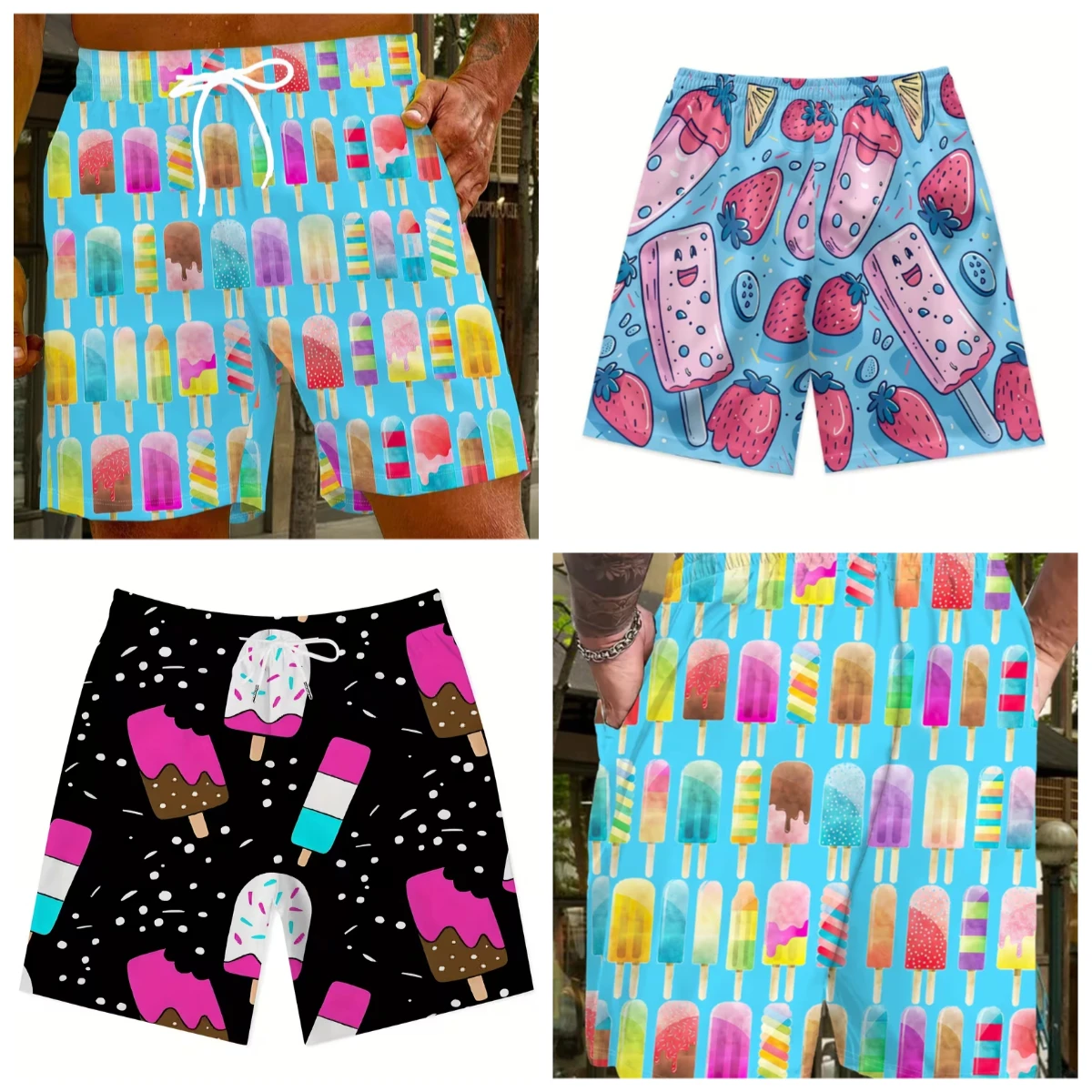 Adult and Kids Popsicle Party! Rainbow Macaron-colored 3D All-over Print Beach Shorts, Magical Pants with Summer Seaside Vibes