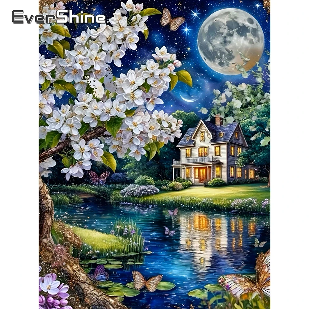 EverShine Diamantmalerei Nachtlandschaft Vollflächiges Quadratisches Mosaik Haus Strass-Stickerei Baum 5D Mond Heimdekoration