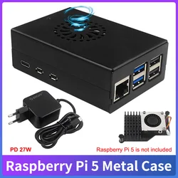 Raspberry Pi 5 Metal Case Black Metal Shell Compatible for Active Cooler Optional Power Supply Enclosure for Raspberry Pi 5 RPi