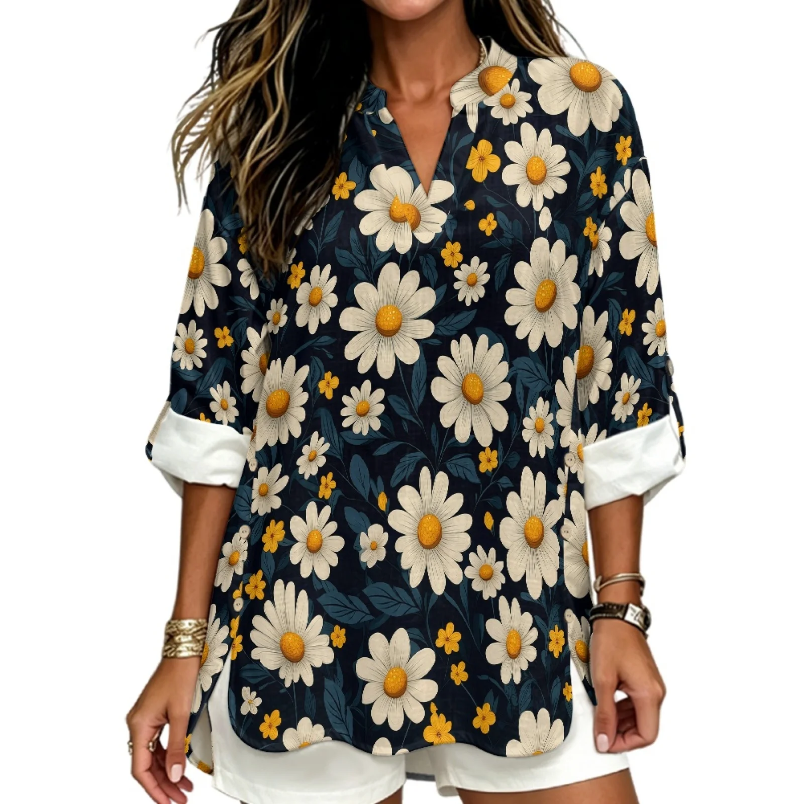 PENSTROLL Daisy Linen Like Notch V Neck Blouses for Beach Vacation Trendy Tunic Shirts Women's Long Sleeve Tops