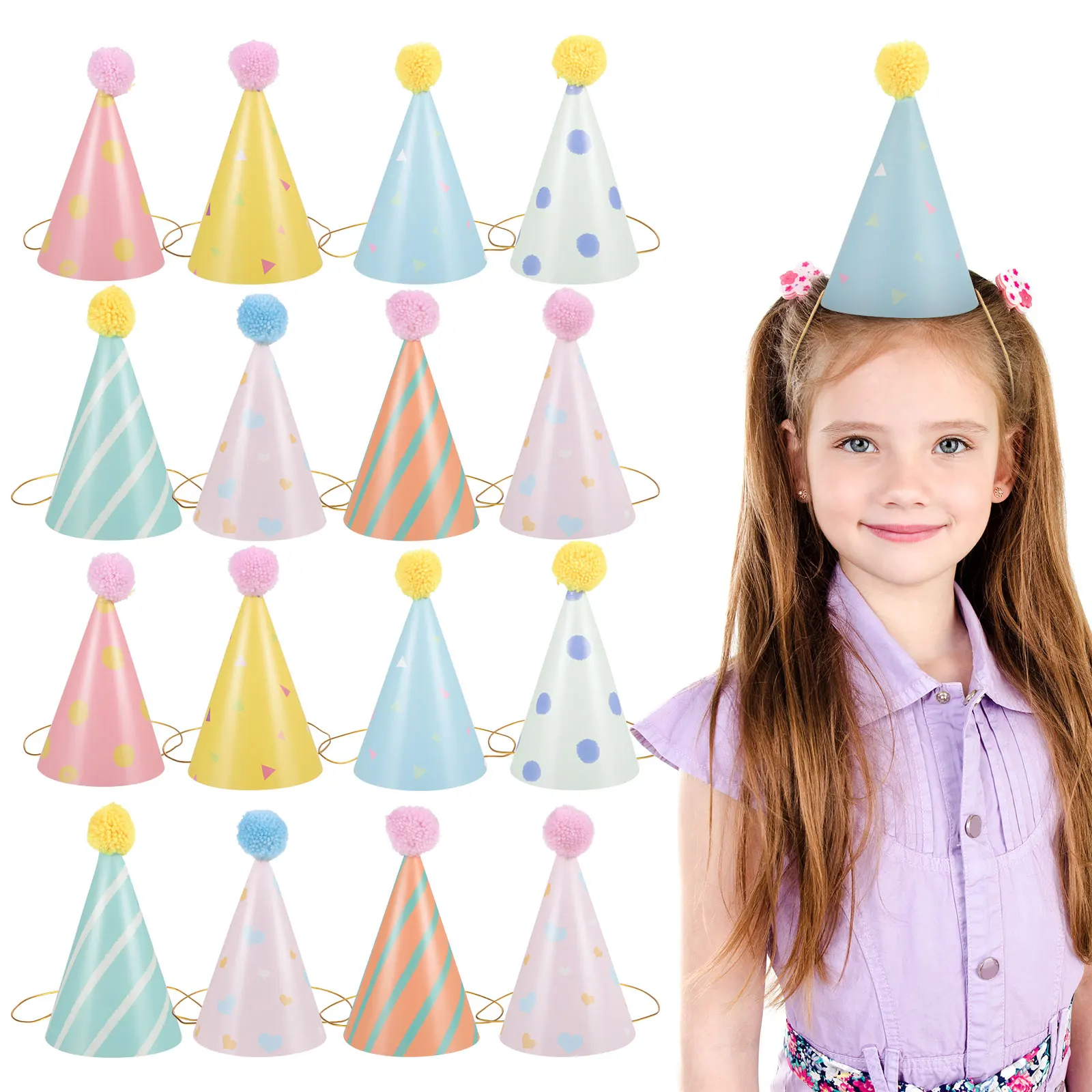 

16pcs Birthday Hats Kids Birthday Party Cone Caps Patterned Festival Paper Caps Pompom Hats Party Headwear Carnival Supplies