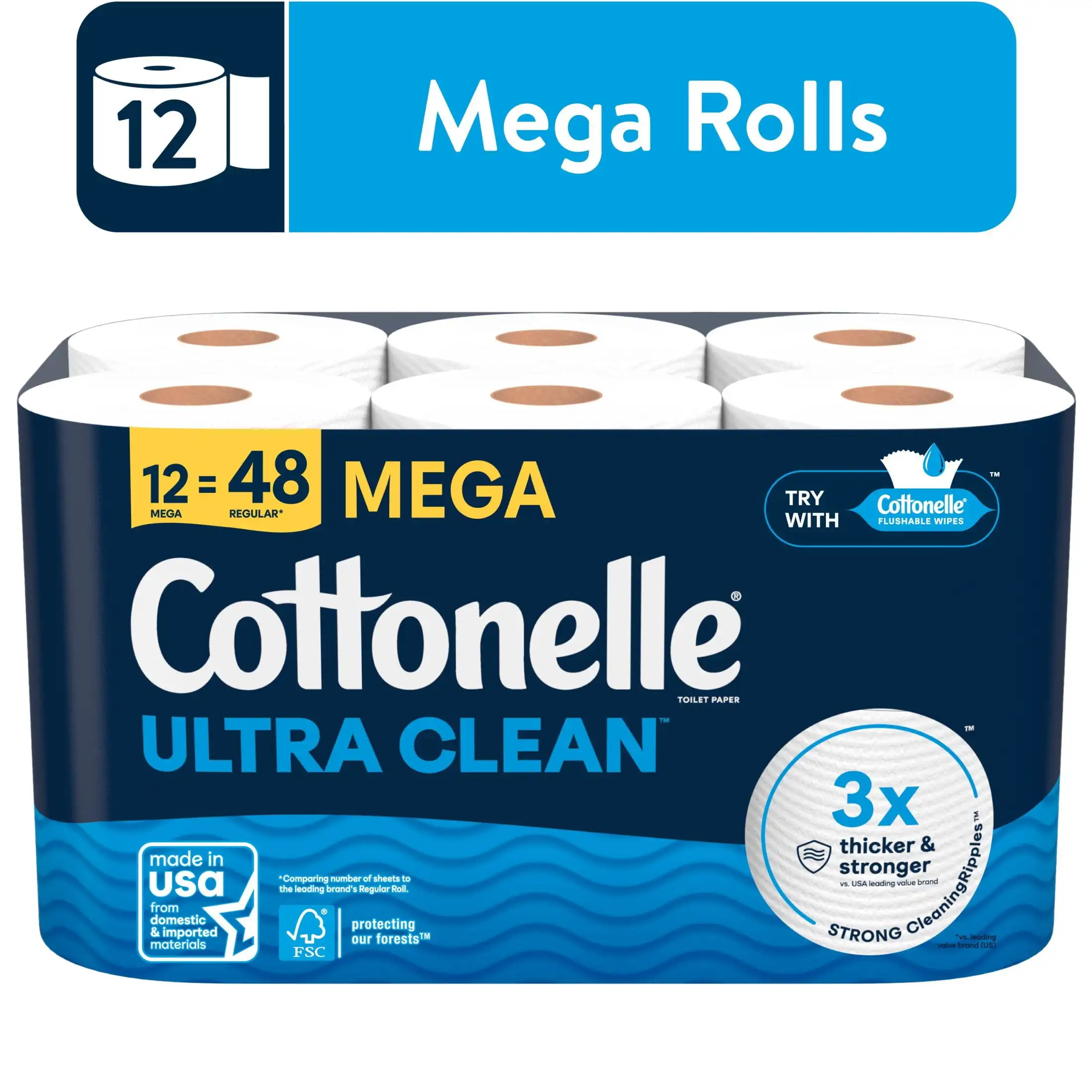 

Ultra Clean Toilet Paper, Strong Toilet Tissue, 12 Mega Rolls Toilet paper rolls have powerful cleaning ripples