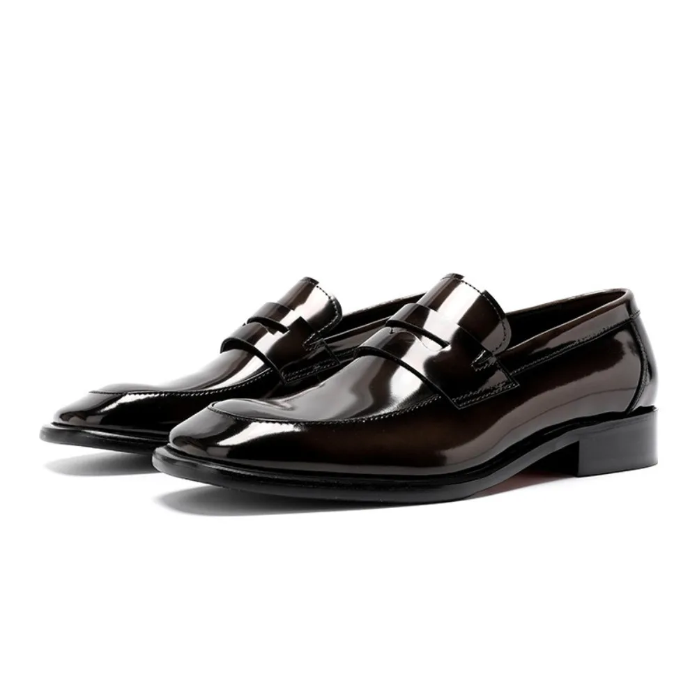 

New Summer Genuine Leather Bright Face Men's Formal Leather Shoes Loafers Slip on Wide Square Toe Dress Shoes for Men