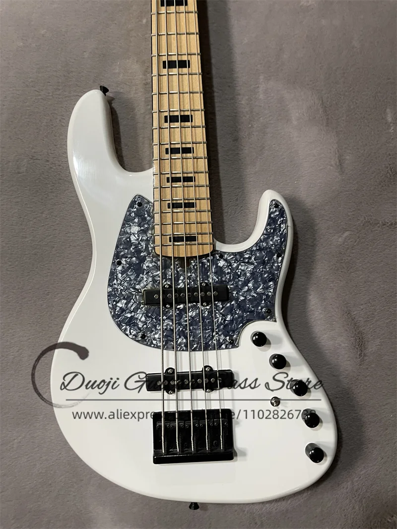 5 String Electric Bass White Guitar Maple Fretboard Black Inlay SS Pickups Black Hardware Active Battery  customization