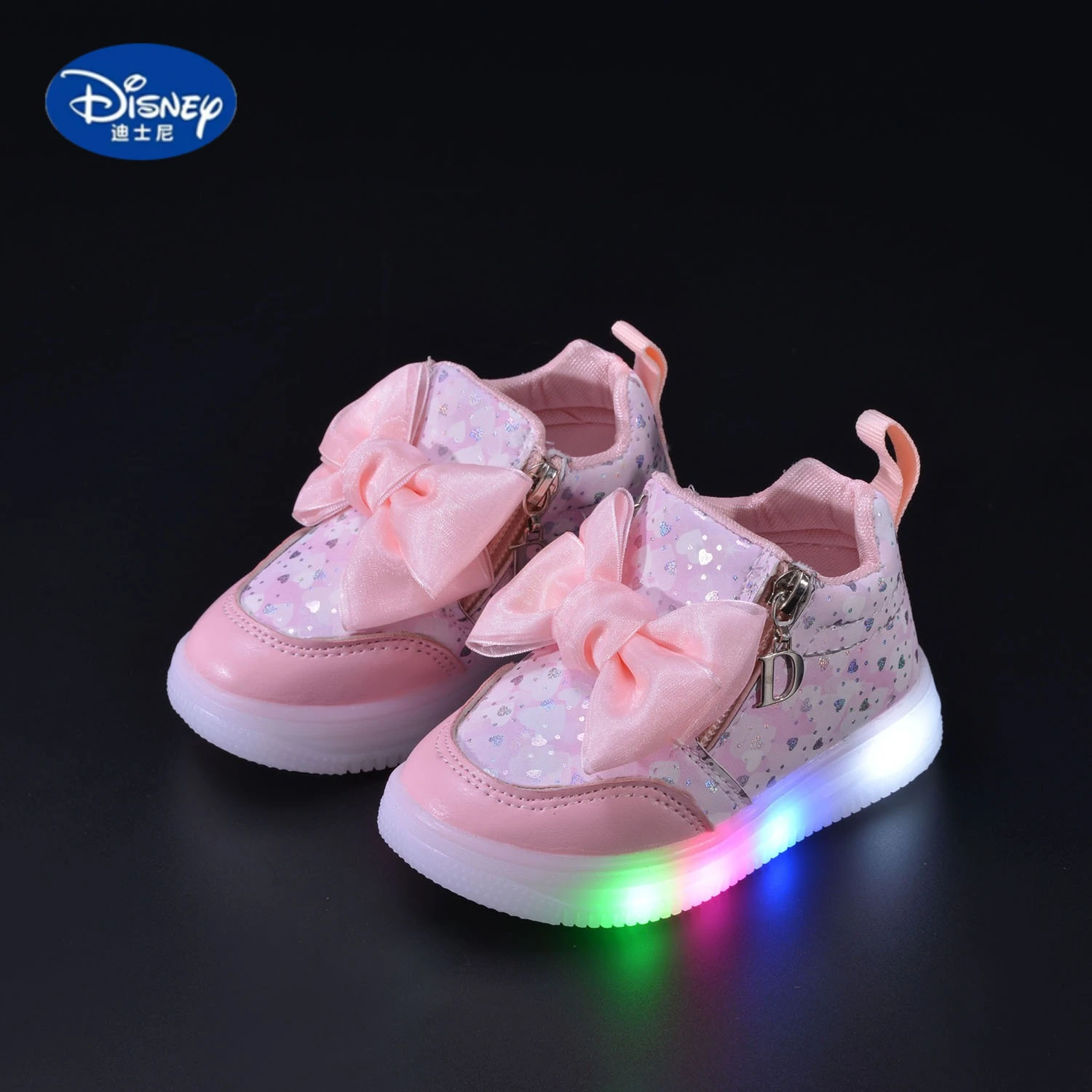 Tênis com laço iluminado Disney 2025 – Sapatos com sola macia com tema de princesa para meninas, sapatos casuais confortáveis e modernos