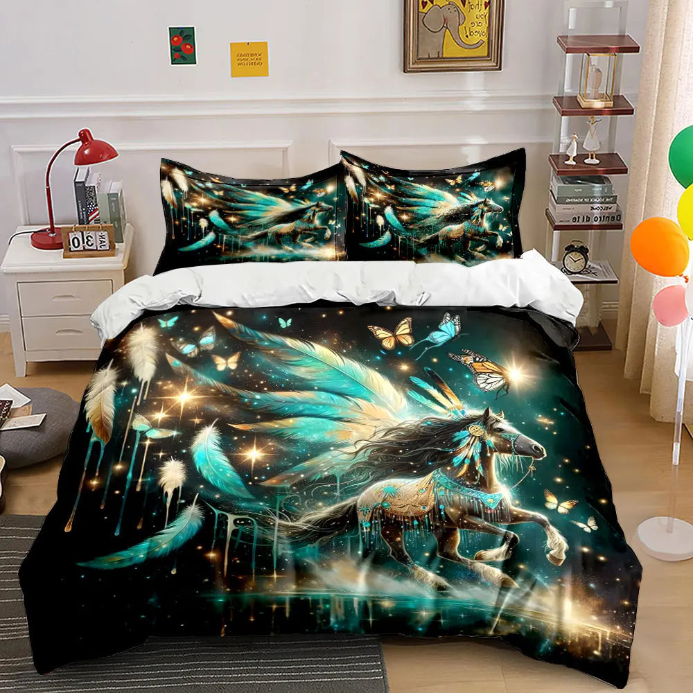 Butterfly Horse Feather Fantasy Decor Bedding Set with 1 Duvet Cover 2 Pillowcases Single Double King Queen, Gift