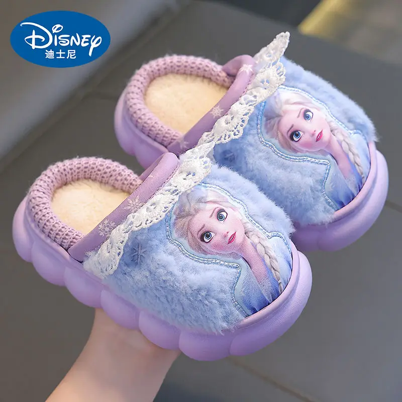 Disney Princess Elsa Frozen Slippers for Girls in Autumn Winter Indoor Warmth Non slip Children\'s Plush Cotton Blue Purple Shoes