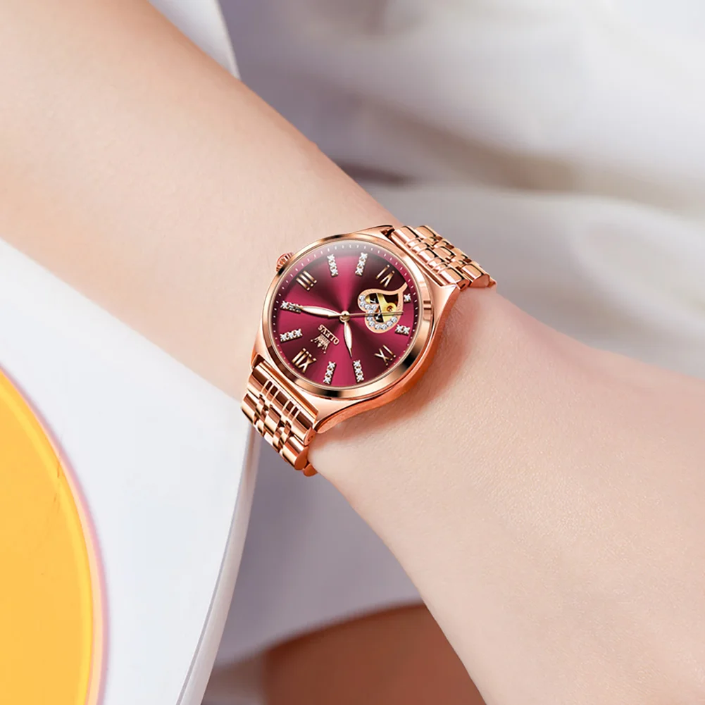 OLEVS Brand Luxury Fashion Red Dial Automatic Mechanical Watches For Women Waterproof Steel Ladies Watch reloj para mujer