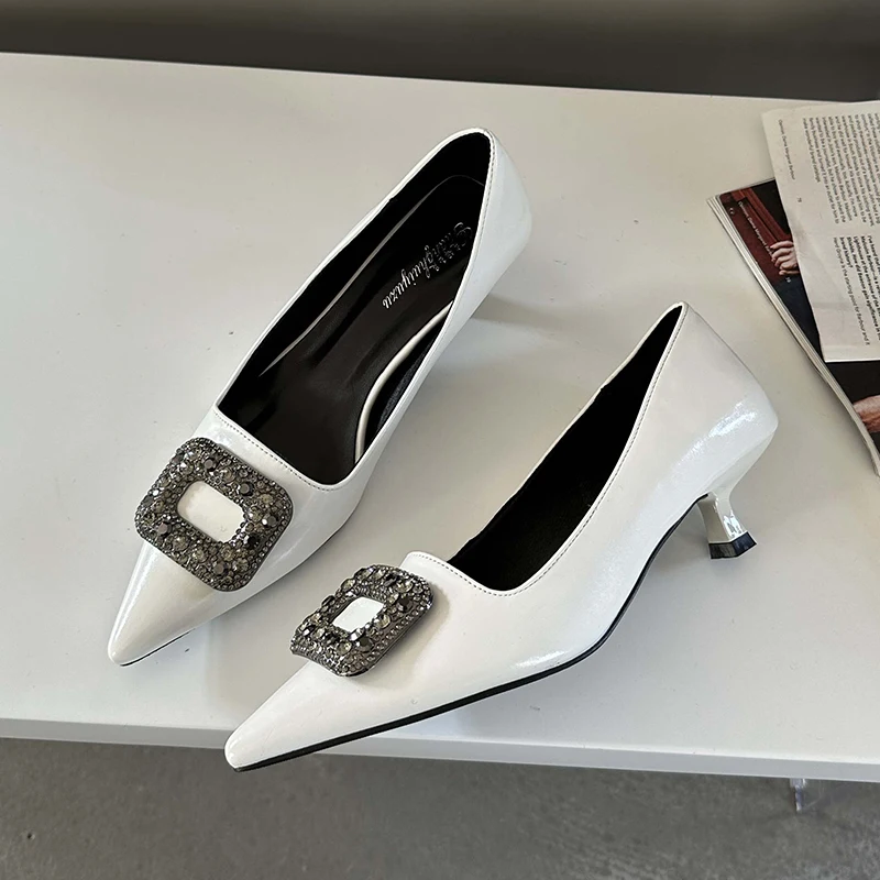 

ZOOKERLIN Rhinestone Square Buckles Dress High Heels Fashion Woman Shoes Summer Women's Pumps Black White Slip On Stiletto Shoes