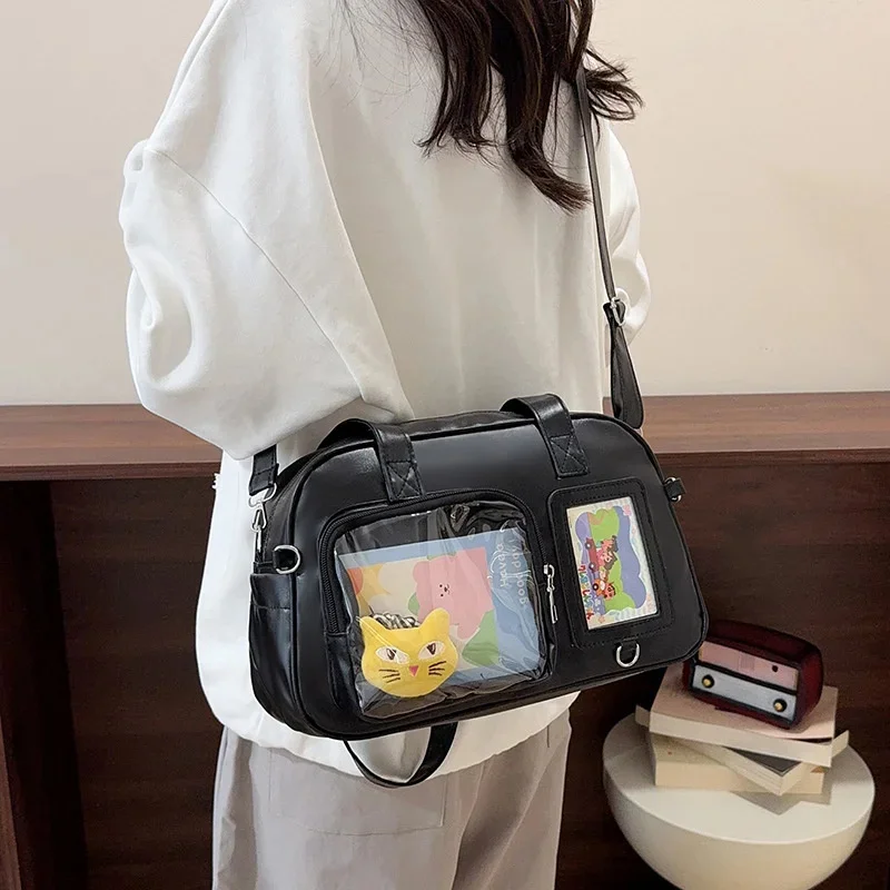 Women Handbag Y2K Silver PU Bowling Itabag Large Capacity Underarm Shoulder Bag Clear Anime Photo Display Cute Collection Gift