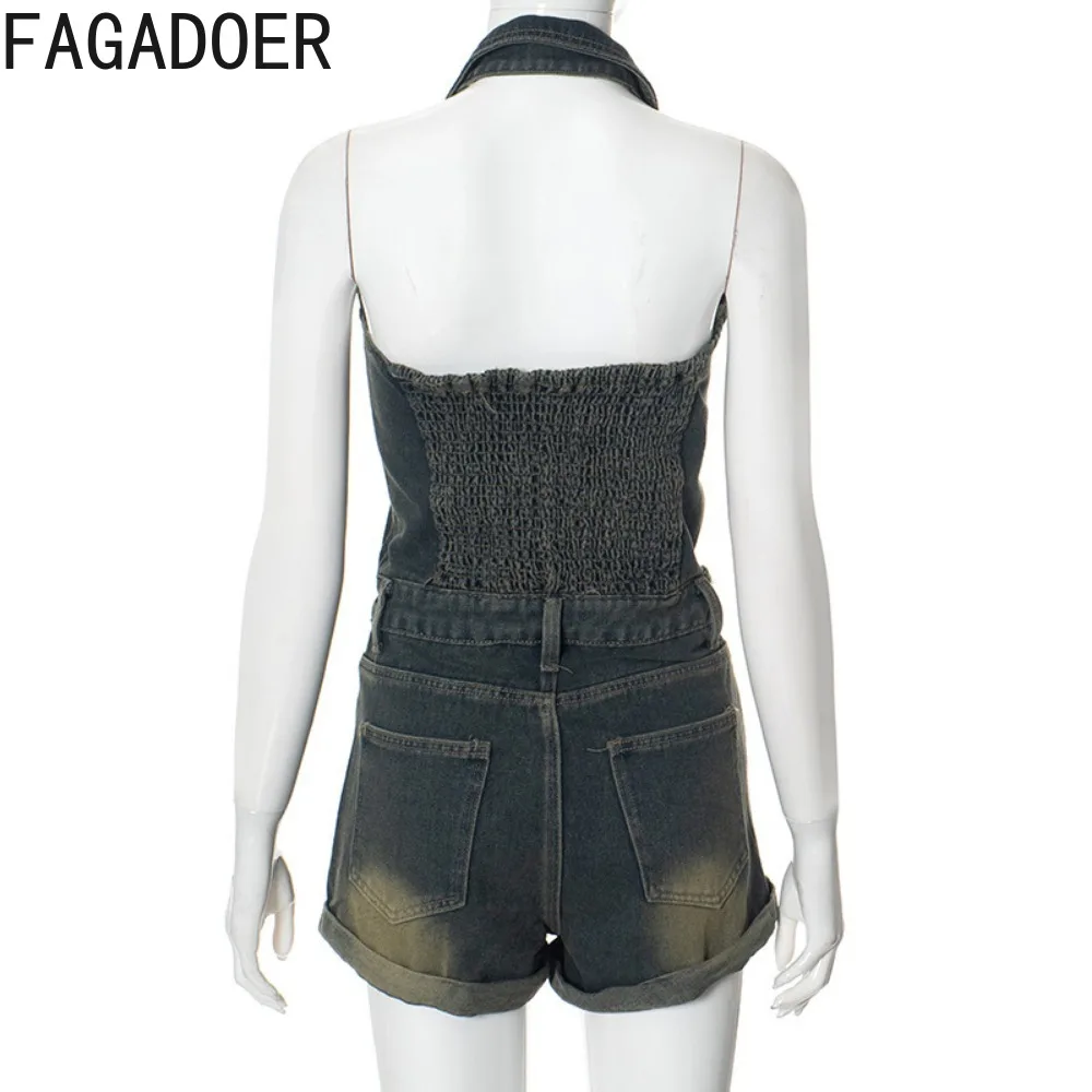 FAGADOER Fashion Retro Denim Halter Backless Bodycon Rompers Women V Neck Zipper Sleeveless Pocket Jean Jumpsuit Sexy Streetwear