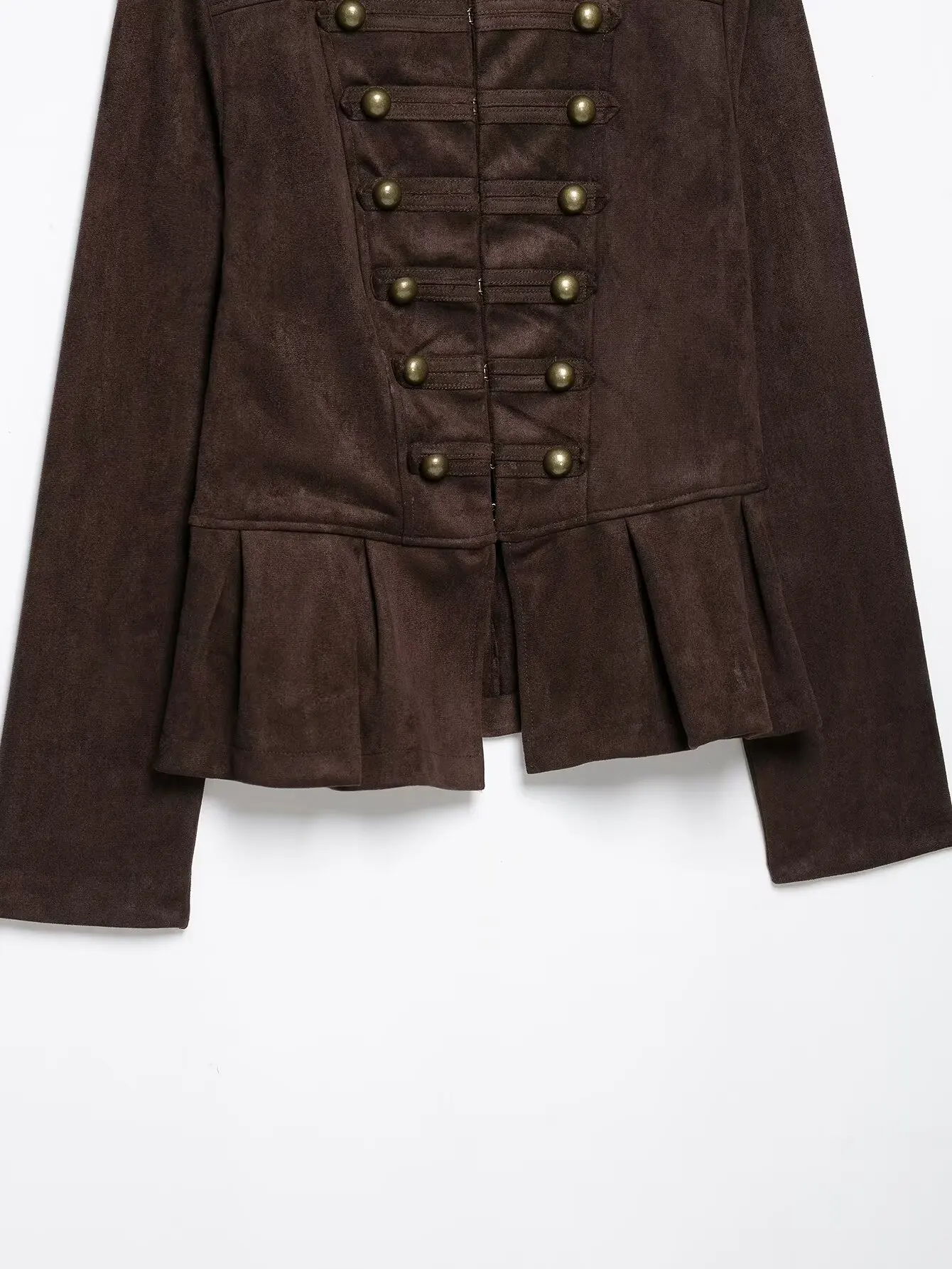 BSAY Vintage Militärjacke aus Kunstwildleder für Damen, Stehkragen, Metallknöpfe, plissierter Peplum-Rock, kurz geschnitten, langärmelige Oberbekleidung – Detail 9