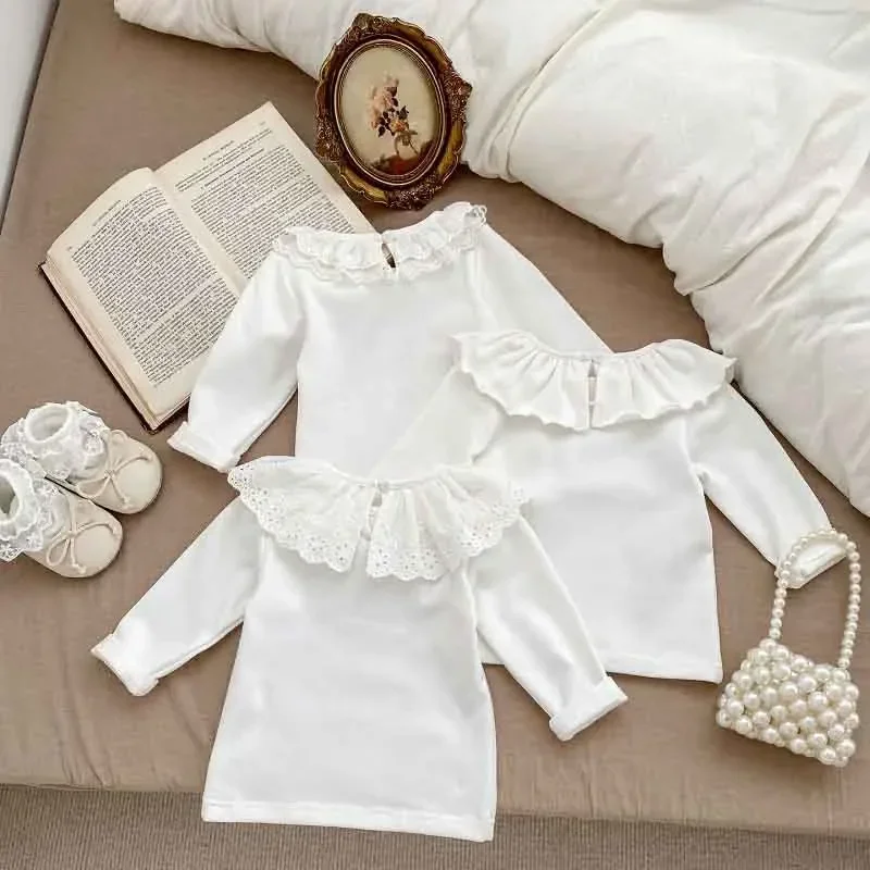 2025 Princess Baby Girl T-shirt 0-3Years Newborn Kids Solid Color Long Sleeve Cape Collar Cotton Tee Shirt Soft Spring Clothes