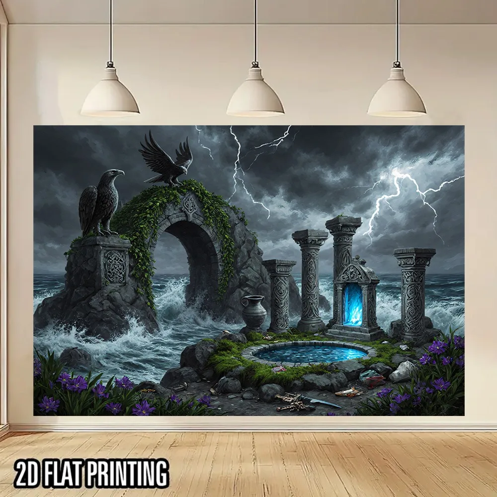 2D Flat, 1pc Mysterious Caves & Stormy Seas Greek/Roman Mythology Wall Tapestry - UV Printed Large Columns & Greek Key Border Da