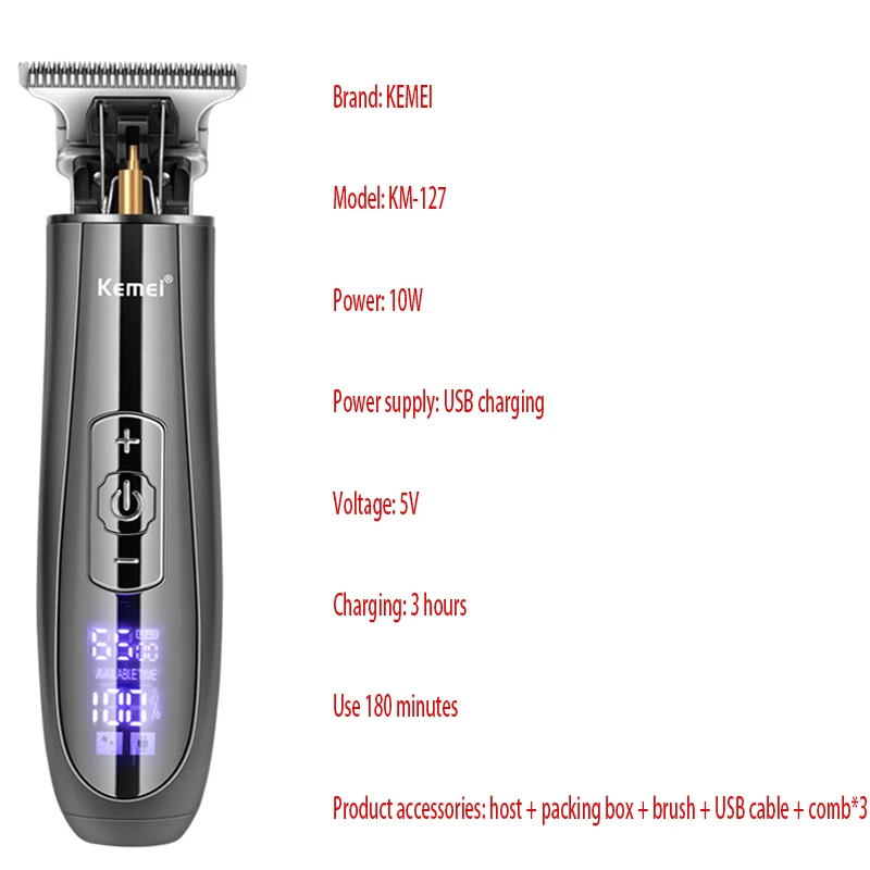 Kemei 129 Electric Hair Trimmer 10w Powerful LCD Clipper 0mm Baldheaded Hair Clippers Barbershop Rechargable Adjustable Speed