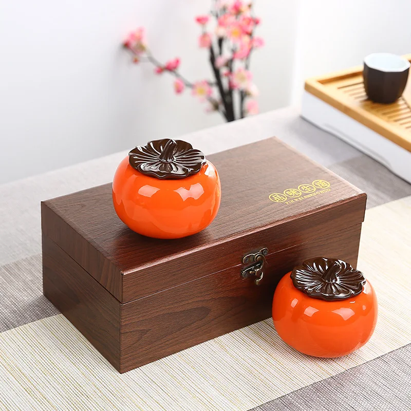 Creative Ceramic Green/Orange Persimmon Shaped 2 Tea Caddy set Decoration Small Size 8.8x8cm Household Tea Room Items Gift boxes