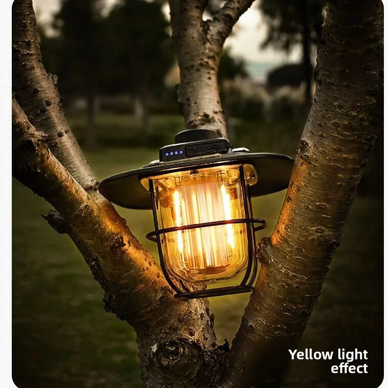 فانوس LED ريترو محمول قابل لإعادة الشحن في الهواء الطلق - ضوء تخييم خافت بدون خطوات مع وظيفة إضاءة ليلية في حالات الطوارئ