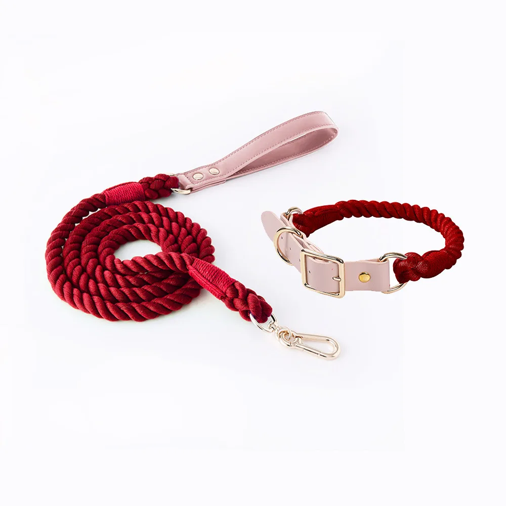 dog leash collar set Macaron Ombre colors handmade pet leash cotton rope woven dog collar outdoor leather dog traction rope