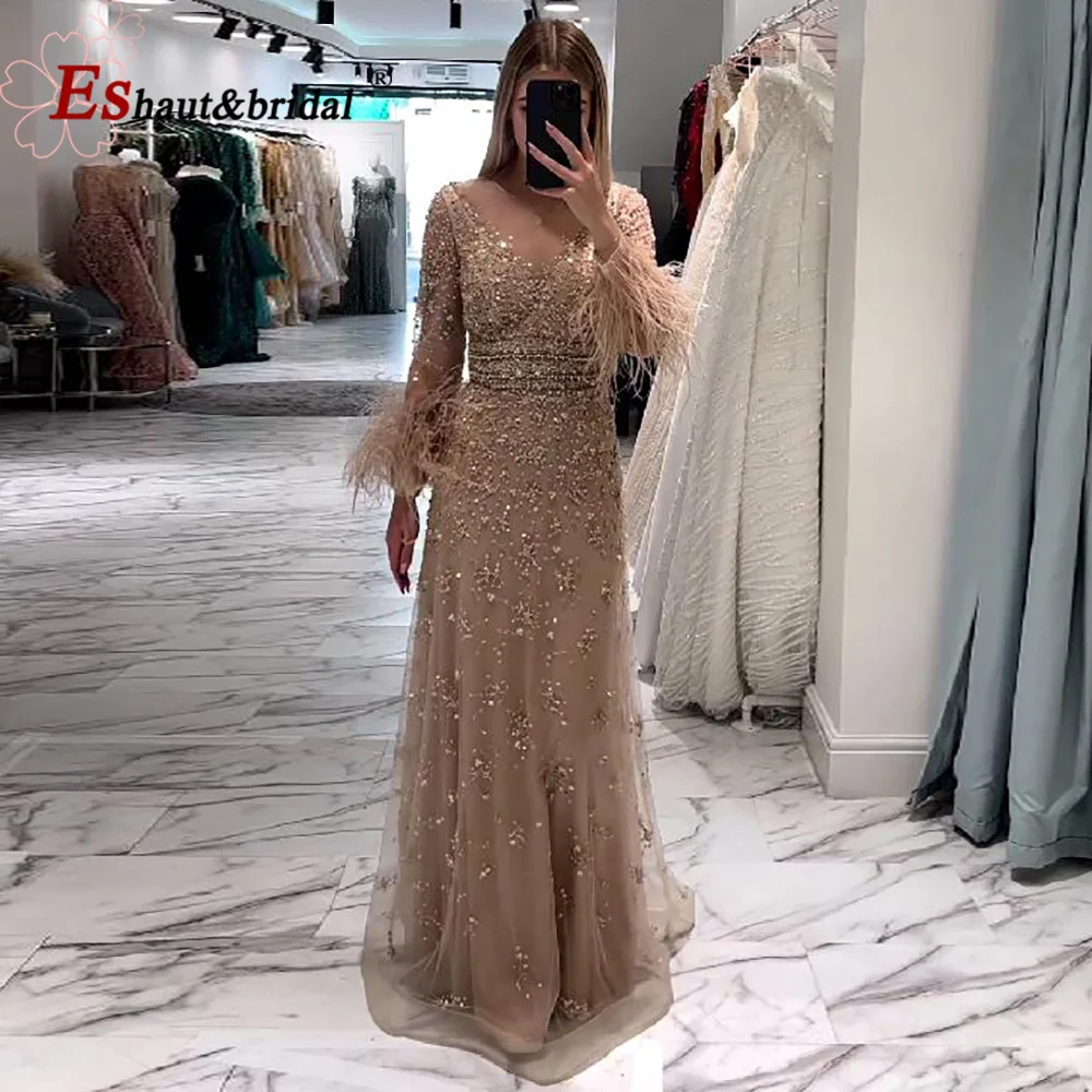 Elegant Dubai Feather Evening Dress for Women 2024 O Neck Aline Long Sleeves Beads Formal Prom Wedding Party Gowns Customized