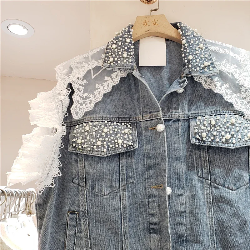 

Summer Fashion Pearl Beaded Lace Stitching Short Denim Vest Women Casual Single-breasted Sleeveless Cowboy Waistcoat Veste Femme