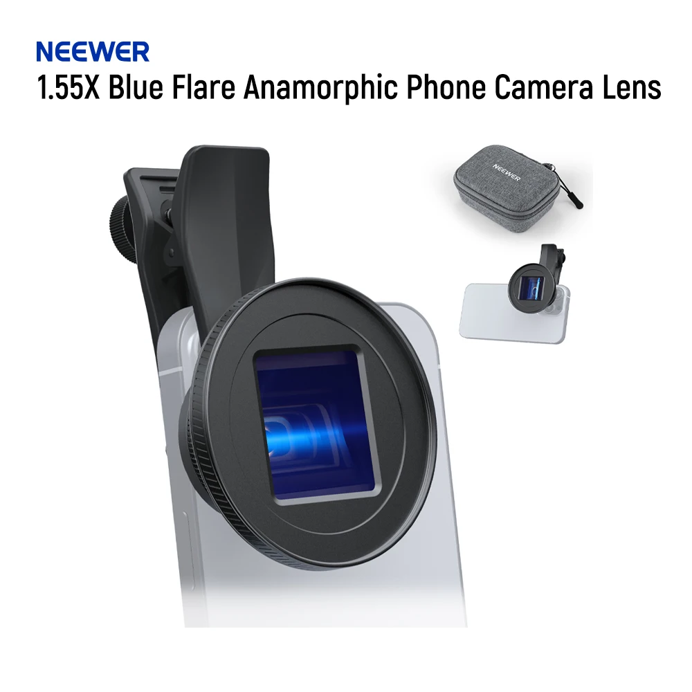 NEEWER 1.55X Lente de cámara de teléfono anamorpico de llamarada azul con clip roscado de 17 mm Compatible con iPhone Android Samsung